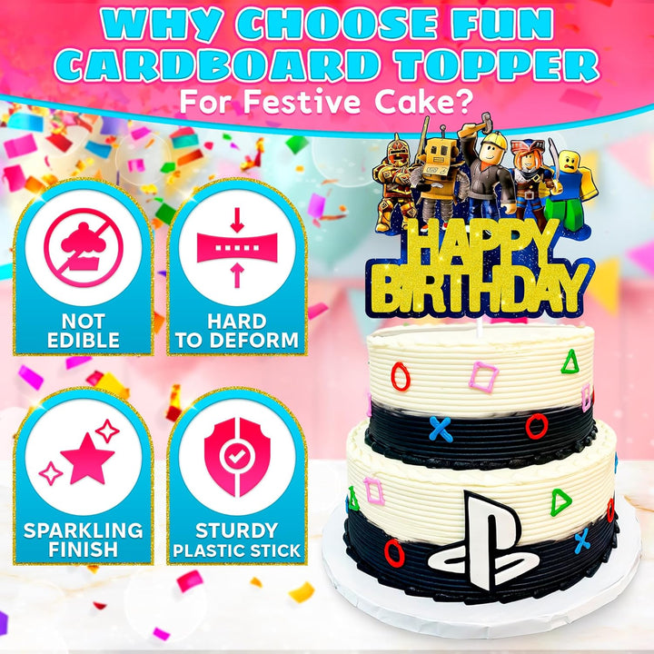 Video Game Cake Topper Decorations - Vibrant Glitter Cardboard Gamer Cake Topper, Eye-Catching Design, Firm Installation & Easy Adjusting, Sturdy Plastic Stick - Birthday Decorations for Boys & Girls