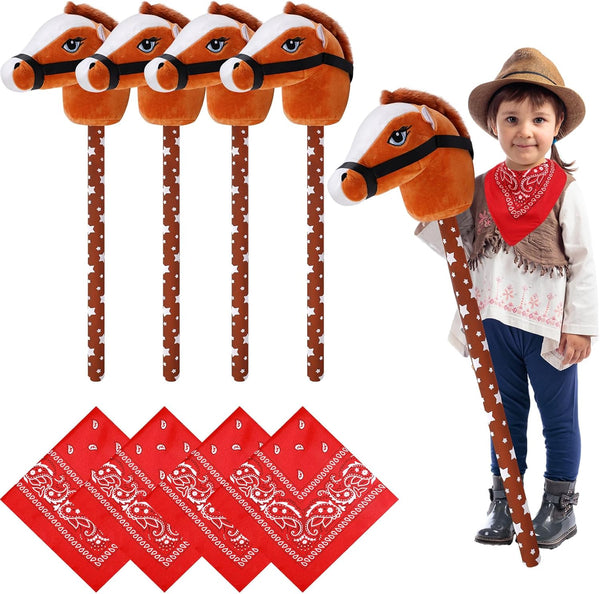 8 Pcs Light Brown Horse Stick with Sound Red Bandana Set 27.6'' Toys Stick Horse Western Cowboy Bandana Horse Head Stick with Neighing Sound for Boys Girls Fun Pretend Games Son Daughter