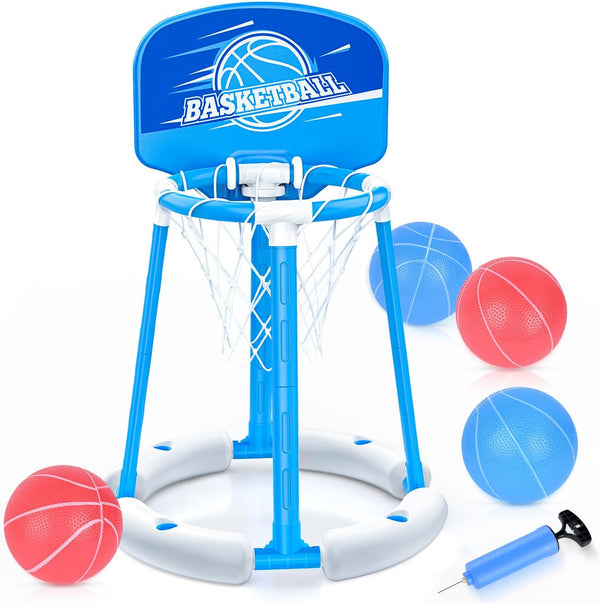 Pool Basketball Hoop with Backboard, Floating Pool Toy with 4 Balls and Pumps, Pool Basketball Game Outdoor Toy for Kids Adults Family Party Water Summer Toys (Red) (Blue-With Board)