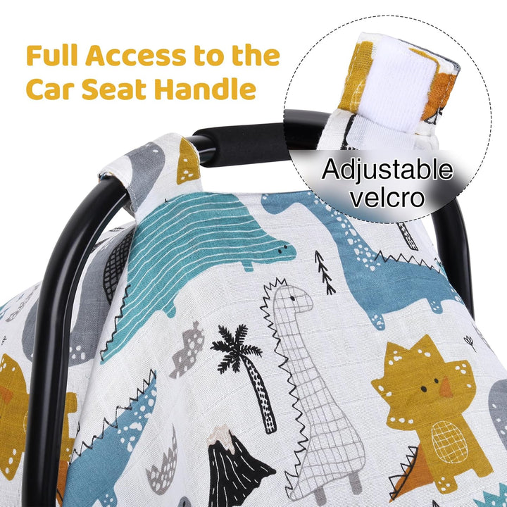 Dinosaurs Carseat Cover - Muslin Cotton Infant Car Seat Canopy, Breathable Baby Carrier Cover, Summer Stroller Sun Shade