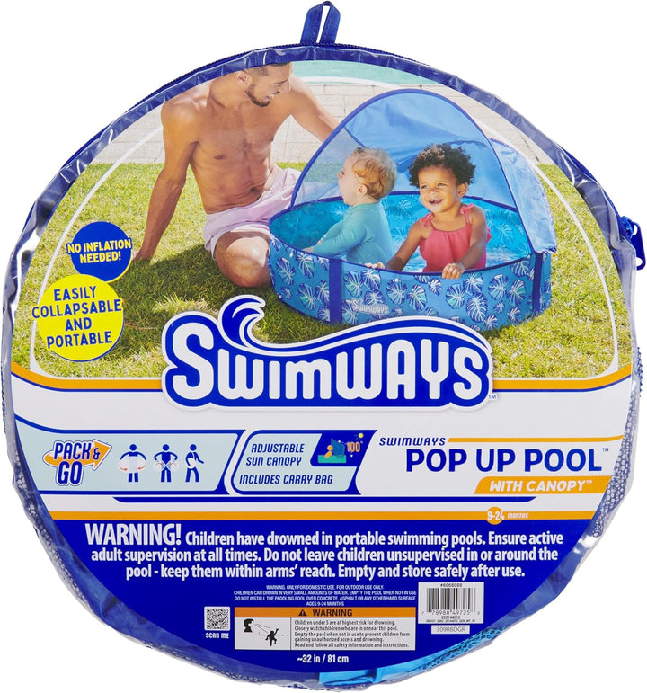 Elite Pop-Up above Ground Pool, Baby Pool with Canopy & Carrying Case, Foldable Kiddie Pool for Ages 9-24 Months, Measures 32", Blue