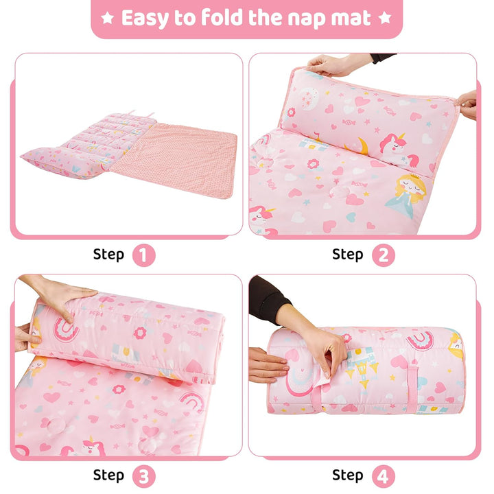 Toddler Kid Nap Mat for Preschool, Girls Pink Princess Slumber Bag, Daycare Sleeping Bag with Pillow and Blanket, Kindergarten Sleep Mat