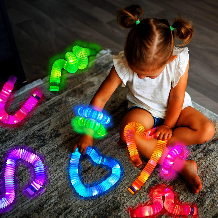 Glow Sticks Camping Essentials for Toddlers-6 PCS Light up Pop Tube Party Favors Toys Gifts for Kids Halloween,Led Bracelet Necklace Accessories,Fun Camp Games Activities Gear Stuff for Boys Girls