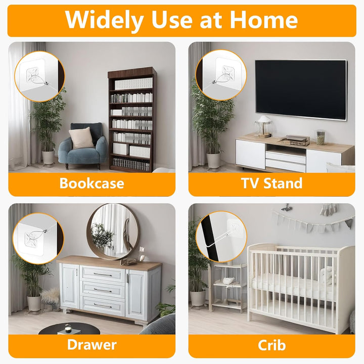 No Drill Metal Furniture Anchors (10 Packs) for Baby Proofing, 14" Adhesive Anti-Tip Furniture Wall Safety Straps for Child, Keep Toddlers & Pets Safe from Falling Furniture like Dresser & Bookshelf