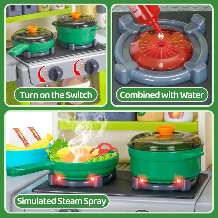 Kids Play Kitchen Set, Toddler Kitchen Playset with Sound & Light, Cooking Stove with Steam, Play Sink, Play Food Toy and Kitchen Accessories, Kitchen Toy for Kids Girls Boys (31.5 * 22 * 8.6In)