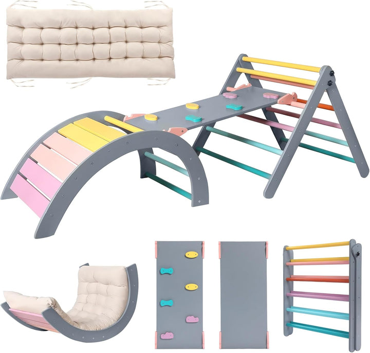 Pikler Triangle Set with Cushion Large, 5 in 1 Toddler Climbing Toys Indoor, Montessori Foldable Climbing Set for Kids, Wooden Playground Jungle Gym with Ramp, Arch and Ladder (Wooden Color)