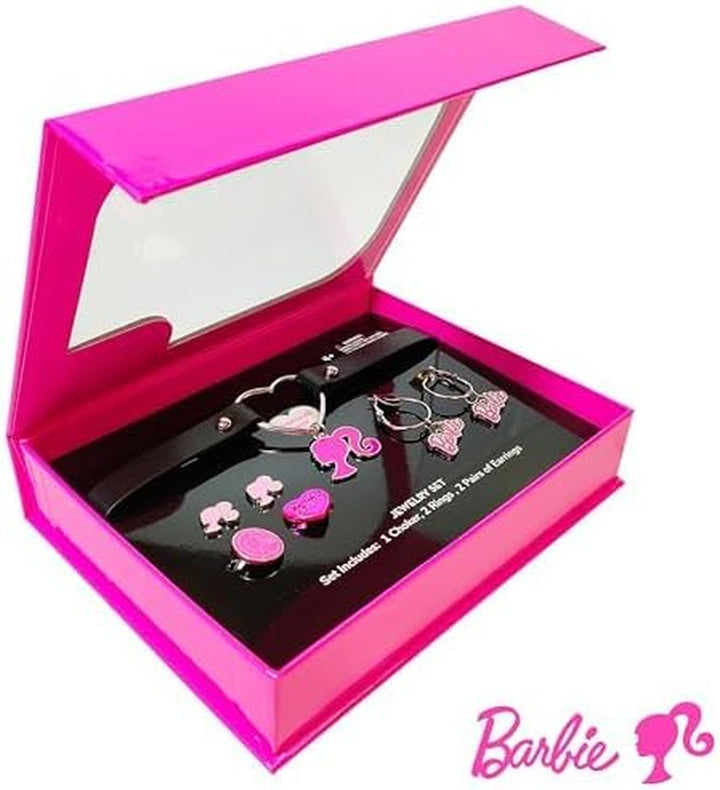 Barbie Themed 2-Piece Adjustable Ring Set, a Pair of Stud and Hoop Earrings, and a Choker for Girls - Barbie Themed Charms, Universally Fitting & Stylish Gifts - Ages 4+