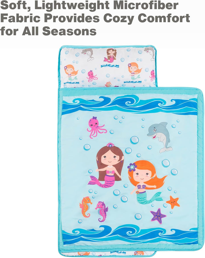 Toddler Nap Mat with Removable Pillow -Underwater Mermaids- Carry Handle with Fastening Straps Closure, Rollup Design, Soft Microfiber for Preschool, Daycare Sleeping Bag, Ages 2-6 Years