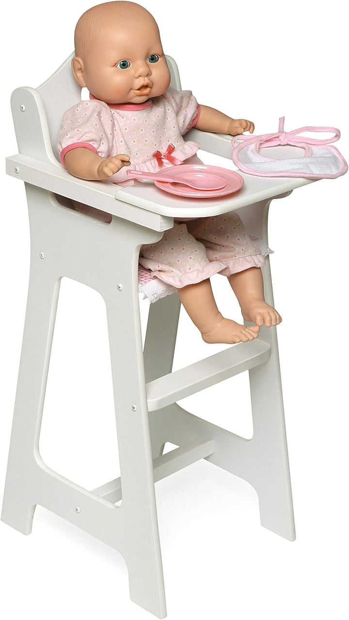 Wooden Baby Doll High Chair - Fits 18" Dolls - Includes Tray, Bib & Free Personalization Kit - Best for Toddler Girls for Pretend Play - White with Pink Gingham Seat