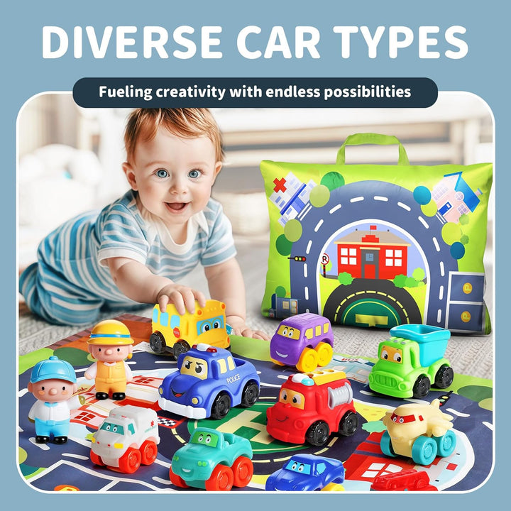 12 PCS Soft Rubber Car Toys for 1 Year Old Boy with Playmat/Storage Bag|1 Year Old Boy Gifts|1St Birthday Gifts for Toddler Toys Age 1-2|Baby Toys 12-18 Months