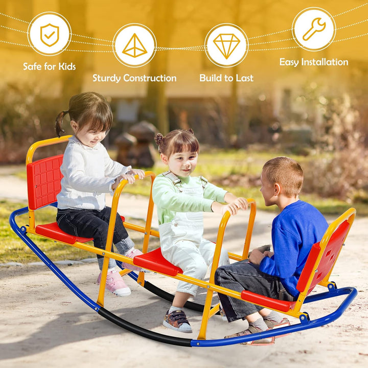 Teeter Totter Seesaw for Kids Outdoor, 2 in 1 Metal Rocking Seesaw for Toddlers with Easy-Grip Handles, Indoor Outdoor Rocker Toy Gifts for Ages 3-8, 1-3 Person Home Preschool Backyard See Saw