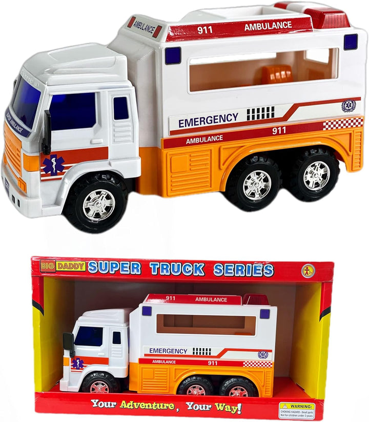 Big-Daddy Meduim Duty Friction Powered 911 Ambulance Toy Truck with Open and Close Back Doors for More Fun Play Time