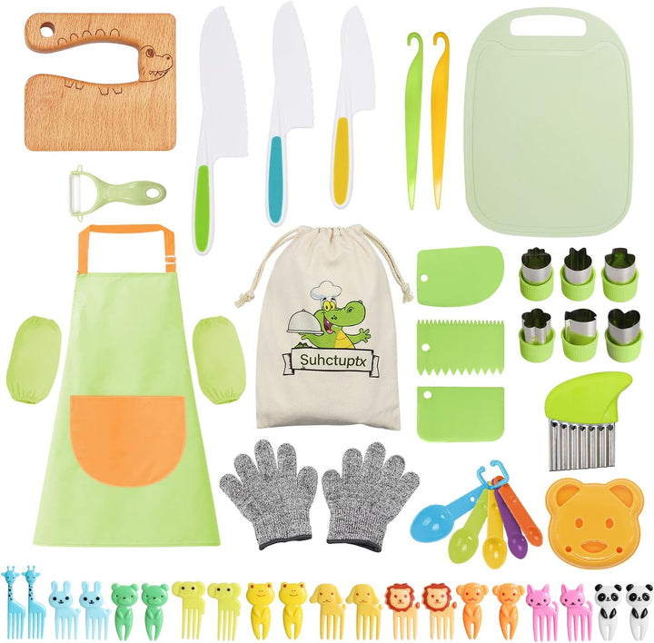 28PCS Toddler Knife Set - Kids Knifes for Real Cooking, Montessori Kids Kitchen Knife Set with Cutting Board Crinkle Cutters Kid Safe Knives, Toddlers Kitchen Tools for Age 2-10 Year Old Girl Boy