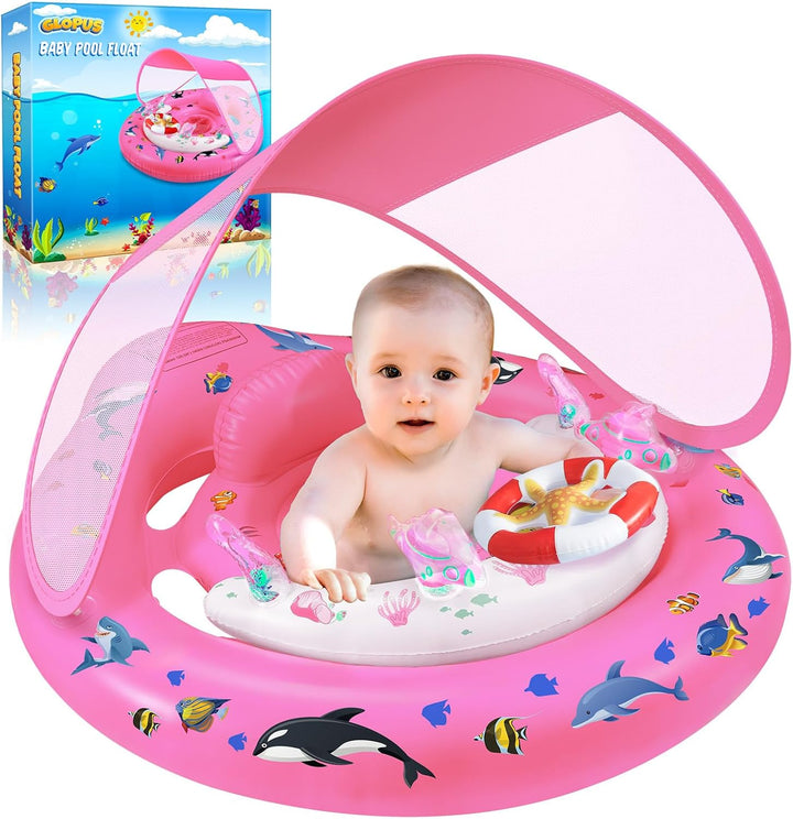 Baby Pool Float with Canopy UPF50+ Sun Protection, Inflatable Kids Pool Floats with Toy Play Console for Baby 6-36 Months, Infant Swimming Float with Adjustable Safety Seat for Boys Girls