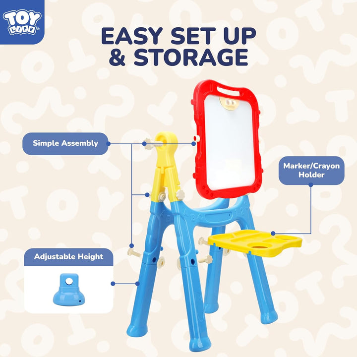 Large Art Easel for Kids, Double-Sided 4In1 Toddler Easel with Rotable Magnetic Chalkboard & White Drawing Board, Height Adjustable with Magnetic Letters & Numbers Gifts for Boys and Girls