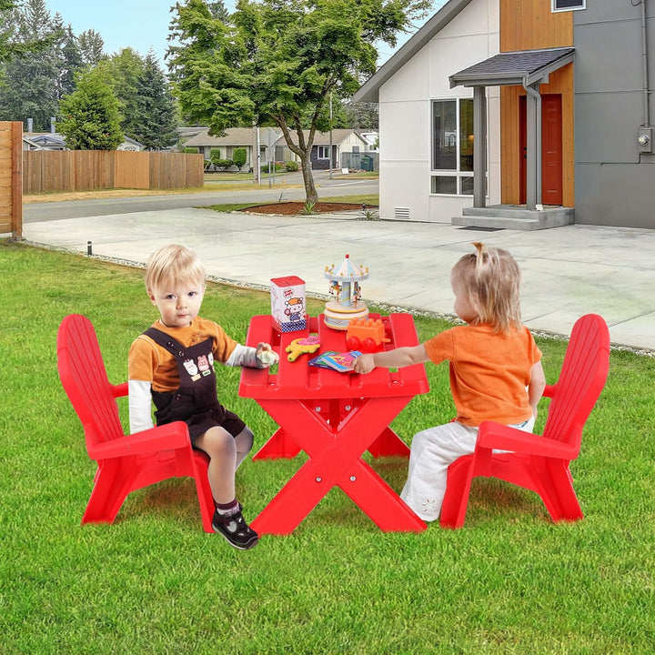 Kids Outdoor Table & Chair Set, Toddler Play Table with 2 Adirondack Chairs, 3 Pcs Kids Backyard Furniture, Stackable Design for Saving Space, for Beach, Garden, Lawn (Red)