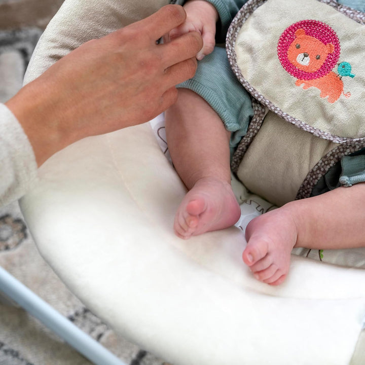 Soothe 'N Delight Compact Portable 6-Speed Plush Baby Swing with Music, Folds Easy, 0-9 Months 6-20 Lbs (Cozy Kingdom)