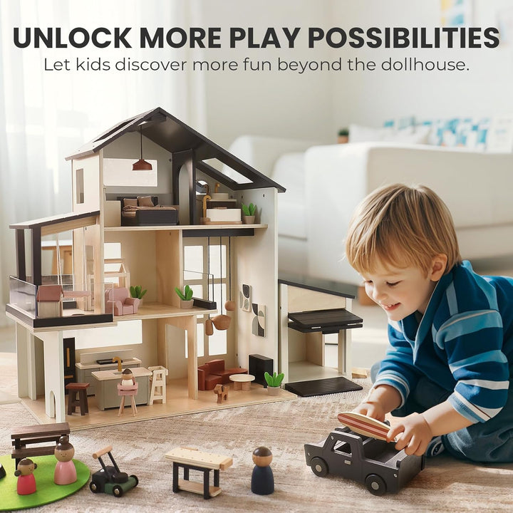 Wooden Dollhouse Garage Toy Set – Realistic Design with Garage, Workbench, Lawn Mower, and SUV Car – Ideal Gift for Kids