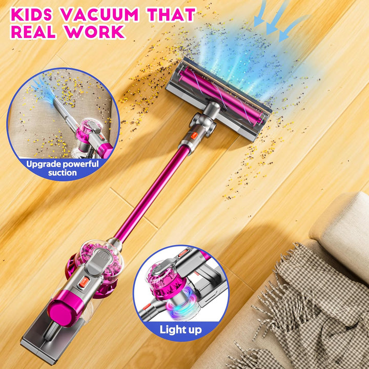 4-In-1 Kids Toy Vacuum That Really Works, Toddler Pretend Play Cleaning Set with Real Suction, Toys Working Cleaner Birthday Idea for 3 4 5 6 7+ Year Girl Boy (Rose Red)