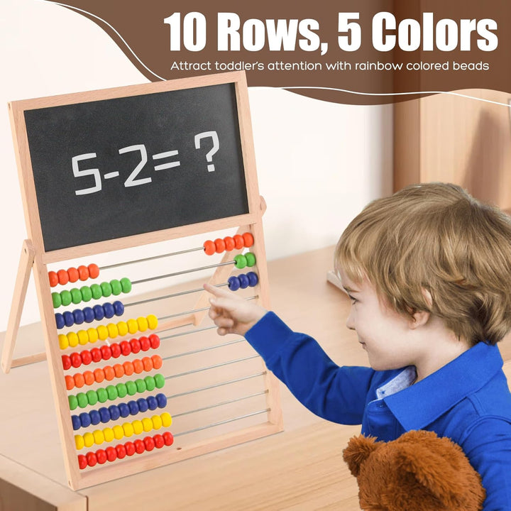 Wooden Abacus for Kids Math - Double-Sided Blackboard Whiteboard Magnetic Abacus for Toddlers 1-3 with 100 Magnetic Number & Fruit Stickers - Educational Counting Games Kids Gift