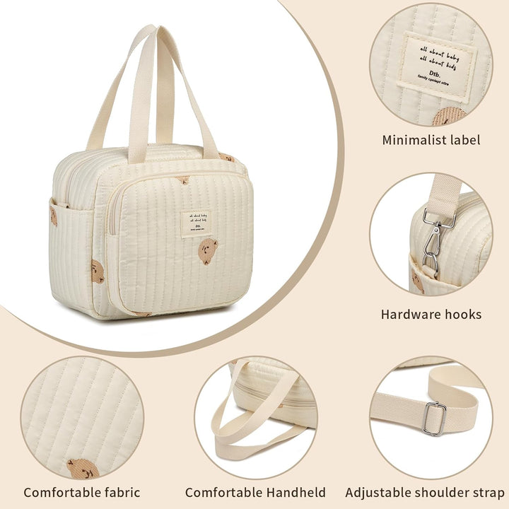 Small Diaper Bag Tote, Crossbody Diaper Bag Mini Purse with 7 Pockets, Travel Baby Bag for Boys & Girls, 2 Bottle Pocket, off White