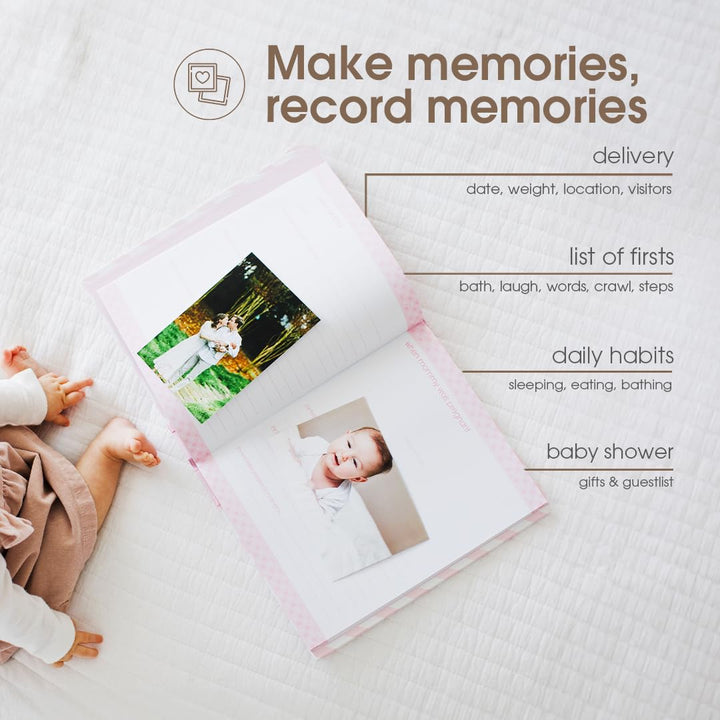 Baby Memory Book, First 5 Years Baby Milestone Book, Pregnancy Journal, Gender Neutral Newborn Keepsake, with Clean-Touch Ink Pad for Baby'S Handprint or Footprint, Pink Chevron