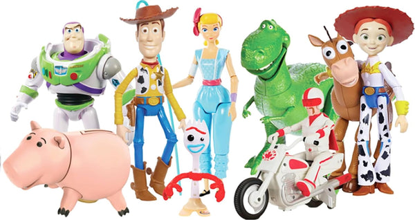 Disney and Pixar Toy Story Storytellers Figure Pack, 6 Figures & Vehicle, Woody Buzz Rex Forky Bo Peep Duke Caboom & Toy Motorcycle, Carnival Crew