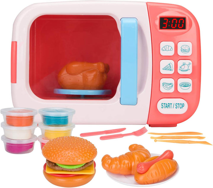 Microwave Toys Kitchen Play Set with Light Sound,Kids Pretend Play Electronic Oven with Play Food and 6 Color DIY Play-Dough for Children Ages 3+ Years (Blue)