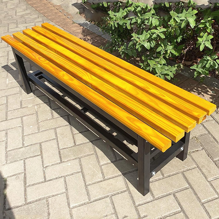Wooden Backless Patio Bench Seat, Weatherproof Galvanized Frame Park Metal Bench Chair, 2-3 Person Outdoor Garden Bench, for Backyard, Poolside, Front Porch (Walnut Color B,150X37X45Cm)