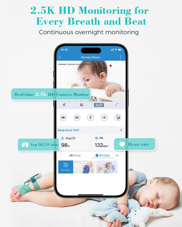 Baby Monitor - Smart Sleep Sock & 2.5K HD Camera, Track Heart Rate & Average Oxygen Level, Cry/Motion Detect, Two-Way Audio and Night Vision Baby Monitor with APP