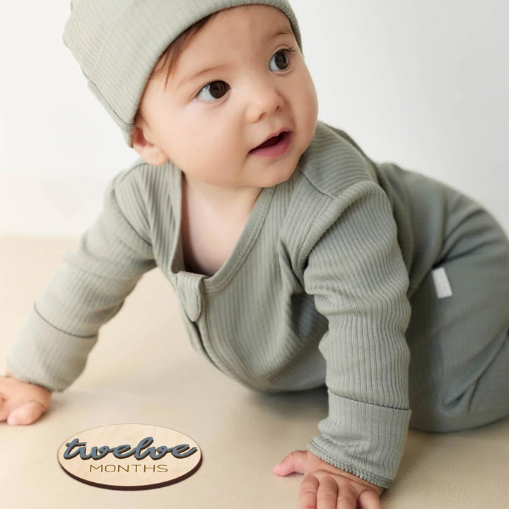 Baby Monthly Milestone Markers Disc, Wooden 3D Milestone Cards for Photos, Baby Announcement Sign,Slate Blue, 1-12 Months, 4 Inches in Size.
