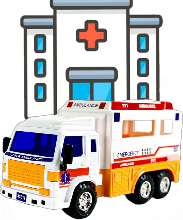 Big-Daddy Meduim Duty Friction Powered 911 Ambulance Toy Truck with Open and Close Back Doors for More Fun Play Time
