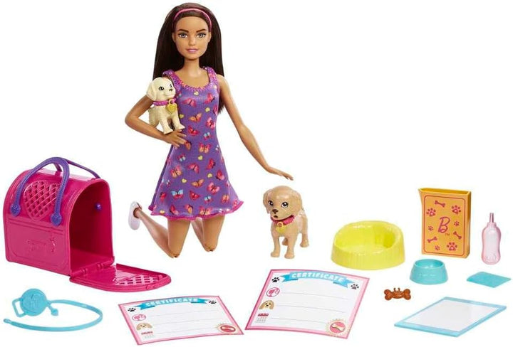 Doll & Pets Set, Blonde with Mommy Dog, 3 Newborn Puppies with Color-Change Feature & Pet Accessories