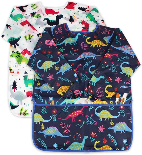 Kids Art Smocks 2 Pack Dinosaur Painting Apron for Children Waterproof Artist Smock with Long Sleeve and 3 Pockets for Age 3-8 Years