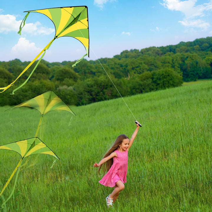 3 Packs Large Delta Kite Green, Blue and Rainbow, Easy to Fly for Kids with 262.5 Ft String, Large Delta Beach Kite for Outdoor Games and Activities