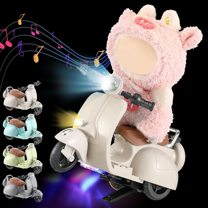Mini Electric Doll Scooter Vehicles Toy 4 Colors Available Funny Doll Accessory with Music & Lights Could Rotate 360° Cute Plastic Scooter Toy Ornaments Battery Not Included (Cream)