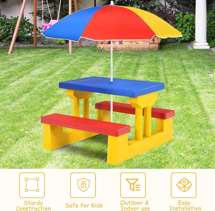 Kids Picnic Table, Kids Outdoor Table and Chairs with Removable and Adjustable Umbrella, Portable Toddler Picnic Table for Patio, Backyard, Garden (Colorful)
