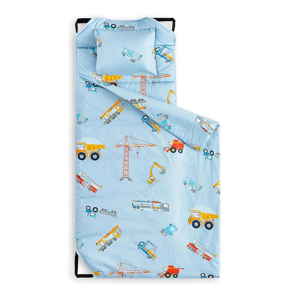 - Cot Nap Mat with Pillow and Blanket, 100% Cotton Fabric, for Toddler Kids Boys Girls in Daycare Kindergarten Preschool with Elastic Corner Straps, Cars Cranes Trucks on Blue