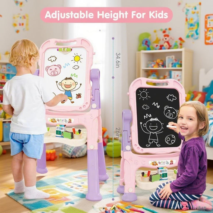 Easel for Kids, Adjustable Standing Art Easel for Toddler, Double Side White Chalk Board with Painting Accessories, Birthday Christmas Gift for Little Girls and Boy Age 3 4 5, Pink