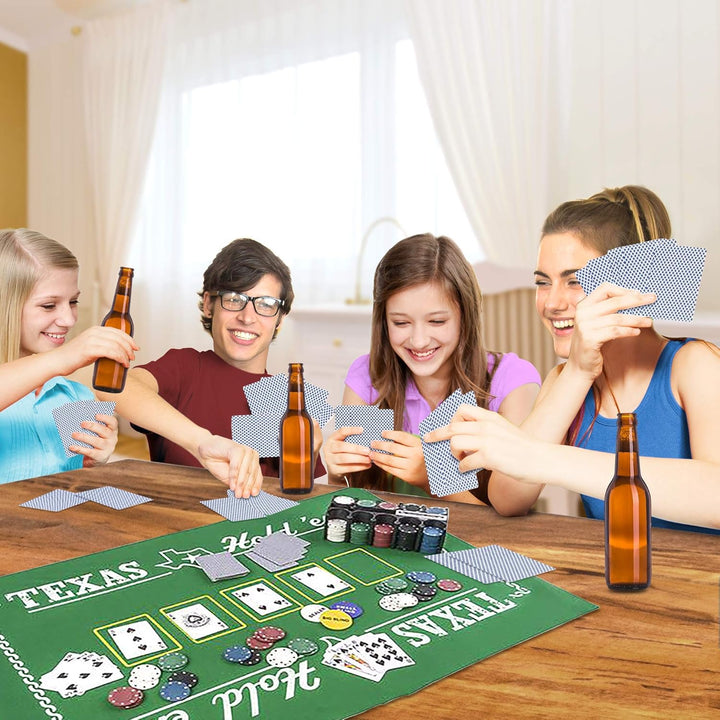 Texas Holdem Poker Game Set - Includes Hold’Em Mat, 2 Card Decks, Chips, Chip Holder and Tin Storage Box - Fun Game Night Supplies - Cool Casino Gift for Kids & Adults