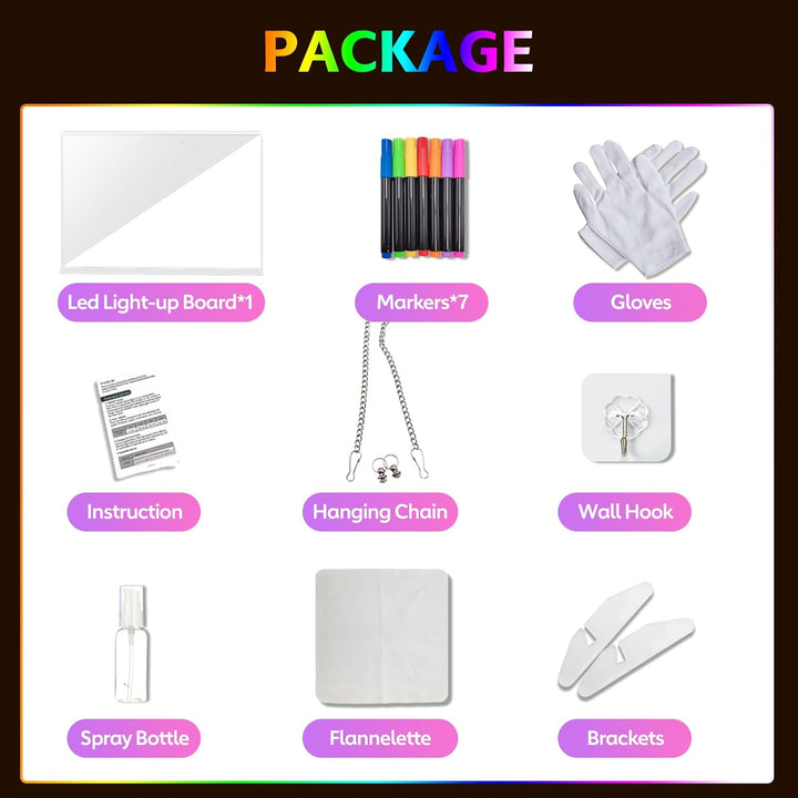 LED Note Board with Colors, 13.8"X10" 4 Modes & 7 Colors Led Acrylic Message Board with Light, Light up Acrylic Dry Erase Board, Led Drawing Board with Stand, Hanging Chain, 7 Markers, Spray Bottle
