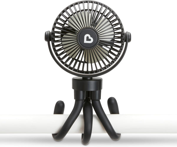 Stroller Fan - Portable Fan for Travel, Baby Gear Accessory with 4 Speeds, Flexible Clip-On Leg Attachment, Rechargeable Battery, Black with Multicolored LED Lights