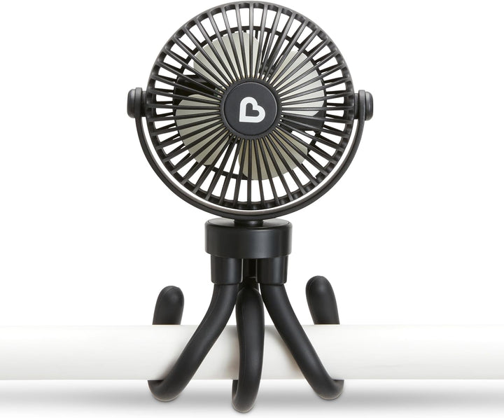 Stroller Fan - Portable Fan for Travel, Baby Gear Accessory with 4 Speeds, Flexible Clip-On Leg Attachment, Rechargeable Battery, Black with Multicolored LED Lights