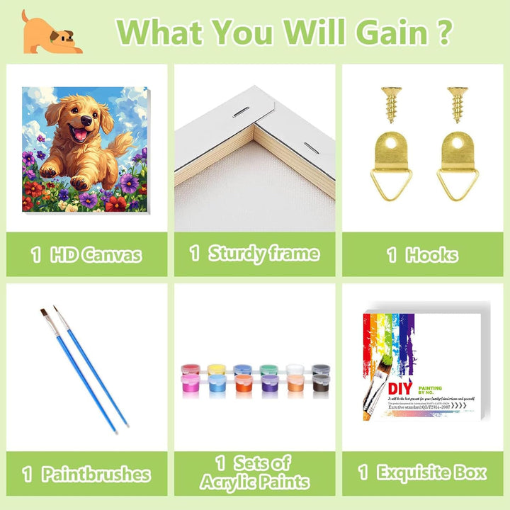 Dog Paint by Numbers Kit for Kids with Frame - Cute Dog Paint by Number for Kids, Kid Painting by Number Kits Age 8-12 for Home Wall Decor 8X8Inch (With Wooden Easel)