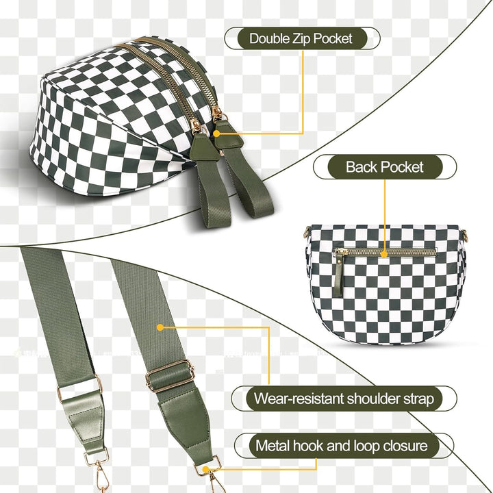 Mommy Bum Bag Crossbody, 2025 Trendy Checkered/Solid Nylon Waterproof Adjust Wide Straps Large Mom Diaper Bag