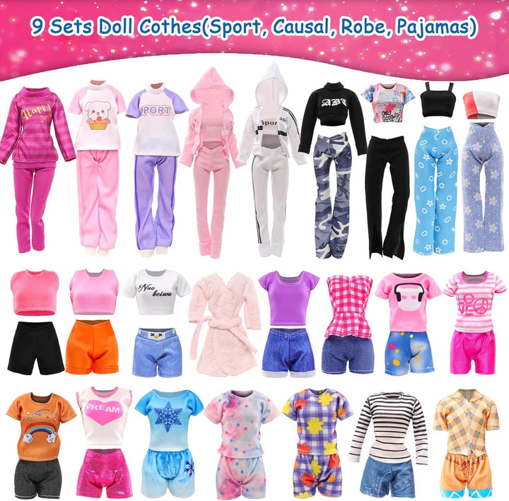 9 Sets Doll Clothes Hooded Sports Suit Casual Outfits Tops and Pants Doll Pajamas for 11.5 Inch Girls Doll