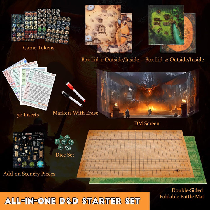 Foldable Battle Mat with DM Screen, Game Tokens, Dice Set, Markers - 2-Sided Wet & Dry Erase Terrain, Ultimate DND Starter Set, Accessories, Gift for Dungeon Master & Player