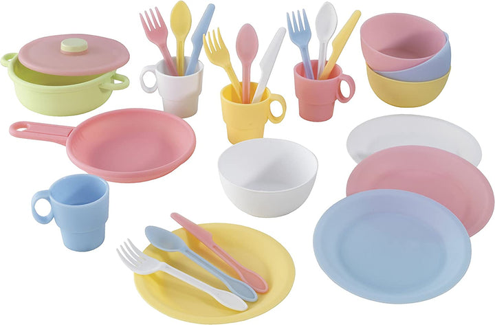 27-Piece Pastel Cookware Set, Plastic Dishes and Utensils for Play Kitchens, Gift for Ages 18 Mo+