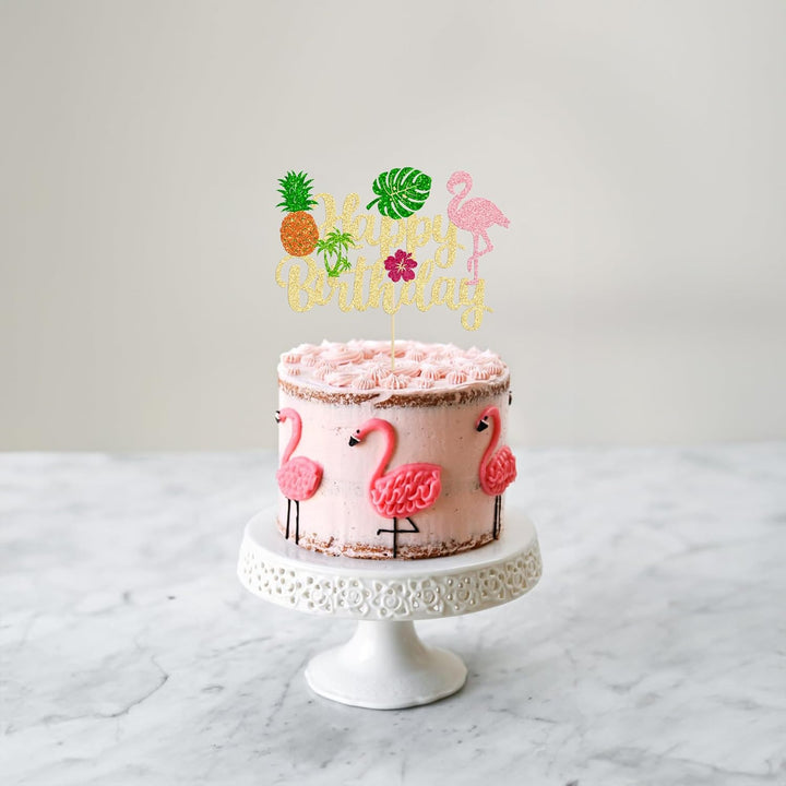 1Pc Tropical Luau Happy Birthday Cake Topper Glitter Palm Tree Flamingo Pineapple Aloha Cake Pick Decorations for Hawaiian Luau Theme Birthday Party Supplies