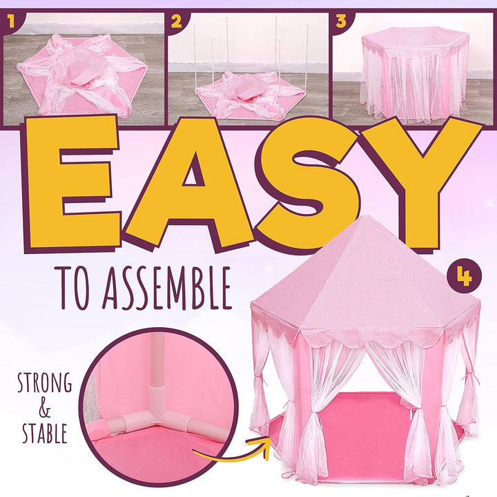 Princess Castle Playhouse Tent for Girls with LED Star Lights – Indoor & Outdoor Large Kids Play Tent for Imaginative Games – ASTM Certified, 230 Polyester Taffeta. Pink 55"X53".